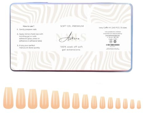 Ashera Nails Capsules Soft Gel Premium Coffin Ballerine Ivory Medium | 240 Capsules, 15 Tailles - Pose Américaine Semi-Transparente - Faux Ongles Nude Ivoire Longue Tenue, Effet Salon