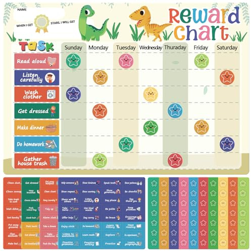 Reusable Magnetic Reward Chart with 128 Magnetic Behavior Stickers and 70 Reusable Star Stickers, Customizable Task Sections, Dry Erase Surface, Ideal for Toddlers and Young Children (Dinosaur)
