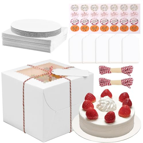 Cake Boxes with Cake Boards 20Pcs(10 Boxes & 10 Boards) 10x10x10 Inches White Bakery Box with Window for Cakes, Tall Square Cardboard Cake Box for Cupcakes Pies Cookies Wedding Party Birthday