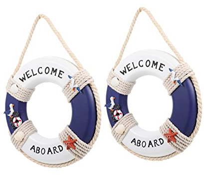 LIGIGWASH Wooden Lifebuoys Nautical Swim Ring Decorations Set of 2 Navy Blue 23cm Bar Ornaments Wall Decorations for Home Pool Photo Props