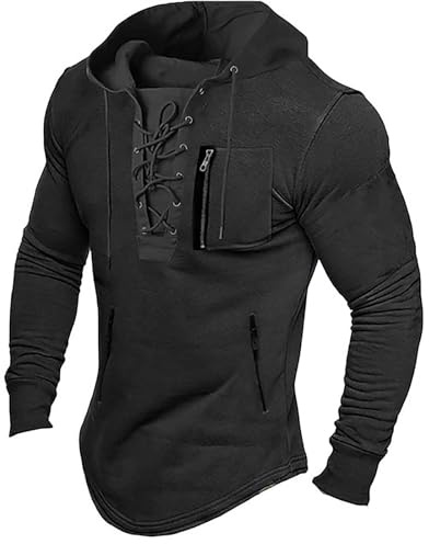 Generisch Sweat à capuche vintage viking pour homme, sweatshirts médiévaux, haut de combat en plein air, vêtements traditionnels, coupe droite, couleur unie, Noir , XXL