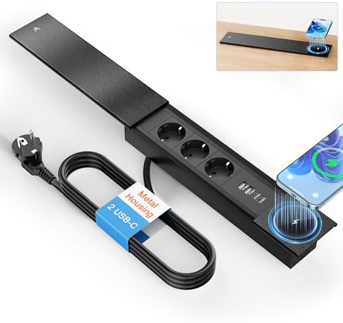 Versenkbare Steckdosenleiste mit 15W Kabellos Laden und 2 USB-C PD 30W, Versenkbare Steckdose 3 Fach mit 2 USB-A Schwarz, Metallgehäuse