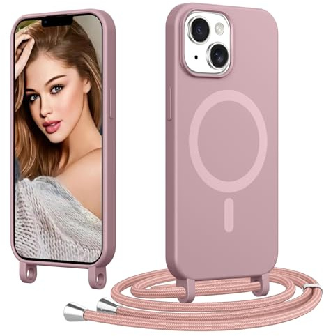 Coiwxmoi Magnetica Cover per iPhone 15 Plus con Cordino Regolabile, [Compatibile con MagSafe] Custodia con Collana Tracolla Laccio Collo Liquido TPU Silicone Lanyard Antiurto Case, Rosa