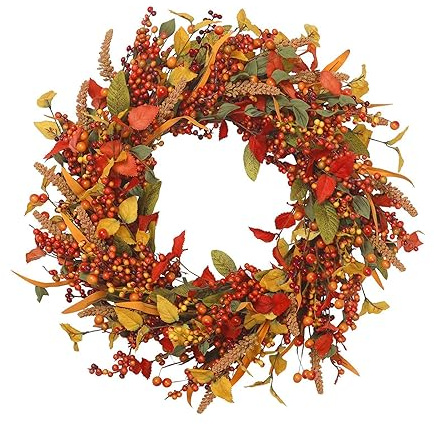 35/40/45cm Artificial Maple Autumn Wreath for Front Door, Halloween Thanksgiving Decor with Pumpkins, Maple Leaves & Berries, Fall Harvest Door Wreath (B-45CM)