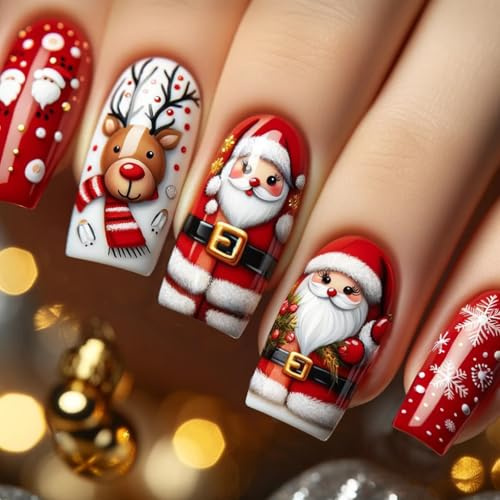 Ceboic 24 Pezzi Unghie Finte Corte Quadrate, Rossa Unghie Finte Adesive con Babbo Natale e Alci Disegno, Carino Artificiale Copertura Completa Press on Nails, Naturale Fake Nails per Donna Ragazze