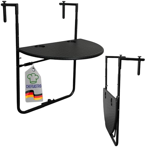 CHEFGASTRO Table Suspendue pour Balcon, Pliable | LxP 60x40 cm | 3 Niveaux de réglage en Hauteur | résistante aux intempéries | Aspect rotin, Noir