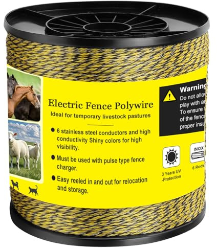 Cuerda para cerca eléctrica, cercas de alambre para ganado de acero inoxidable, cuerda conductora para cerca, accesorios para cerca eléctrica para (Amarillo+Negro, 1067M)