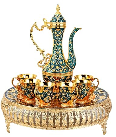 ZWTPGKRD Set caffettiere turche retrò Incluso Vassoio e teiera, Tazze in Metallo Set Servizi da tè Set Tazze turche Teiera Turca Set teiere per caffè Turco Set Tazze Artigianato Artistico per