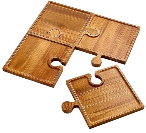Plateau De Service en Bois Puzzle 4 Pièces | Planches De Charcuterie Emboîtables avec Boîte De Rangement | Planche À Fromage en Bois avec Poignée, Fournitures De Fête, Décoration De Table pour Maison