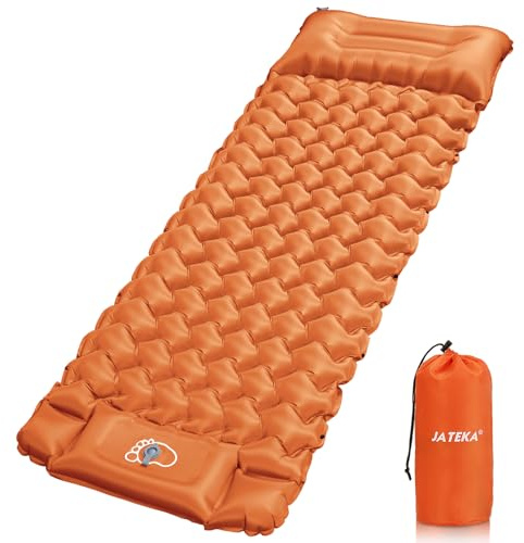 JATEKA Materassino Campeggio, Autogonfiabile Materasso Gonfiabile Singolo Con Pompa A Pedale, Materassino Gonfiabile Con Cuscino, Compatto E Leggero, Ideale Per Campeggio Tenda Arancione/Grigio