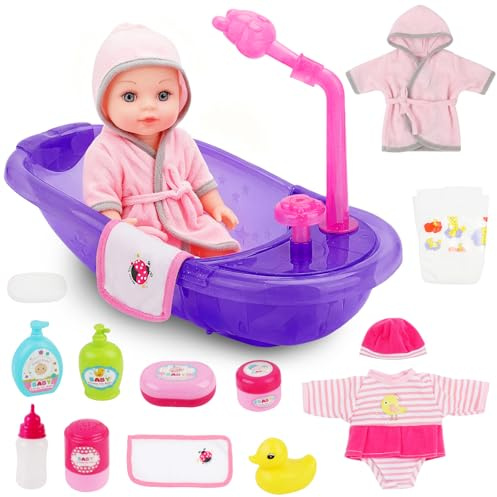 deAO Baignoire Bain Poupee avec 30cm Poupon 2 Tenues et Accessoires De Bain