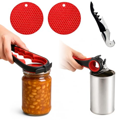 Set 5 pezzi apribarattoli da cucina, per donne, anziani e mani deboli | Design aggiornato rinforzato, 5‑in‑1, facilita apri barattoli per barattoli vetro e lattine, apertura senza sforzo