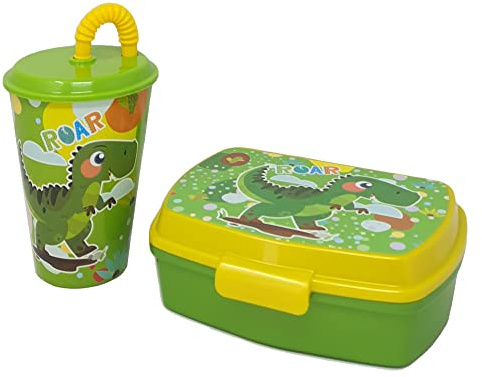 CARTOON Set Merenda Bambini Dinosauri con Lunch Box Portamerenda e Bicchiere con Cannuccia 430 ml Contenitore Snack per Scuola Asilo Gite e Pic Nic Idea Regalo Bambino