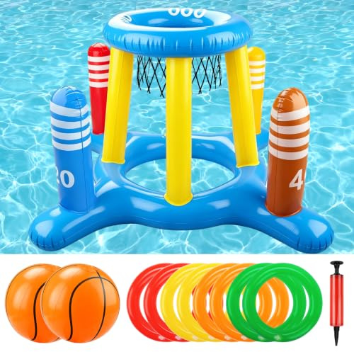 MplehDa vattenspel flytande basketkorgar 2 i 1 uppblåsbar poolbasketkorg med ringkastspel för vuxna, vattenspelssats med 2 bollar, 8 ringar, pump, flytande basketkorg för sommar, poolfest