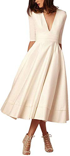 CARINACOCO Donna Vestiti Lunghi da Matrimonio Elegante Collo V Vestito A Pieghe Skater Abito Maxi Damigella Sera Cerimonia Inverno Bianco L