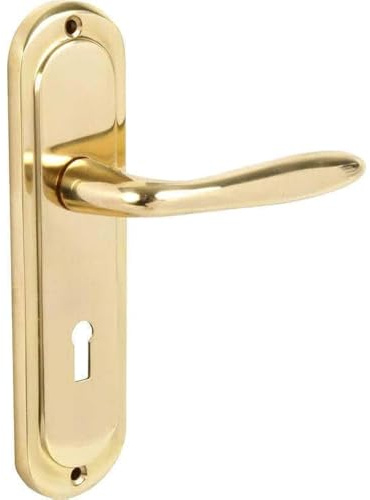 Designer Levers Mocho Round Plate Lever Door Handle, Polished Brass, 1 Pair | For interior doors; for locking doors; 189 x 49mm; includes fixings - screws and spindle.
