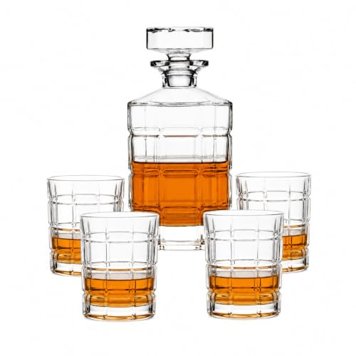 Whiskykaraffen Set mit 4 Whiskygläsern, 5-teilig, Glas | Karaffe mit Stopfen, Für Whisky, Bourbon & Scotch, Geschenkset
