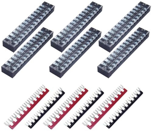 CEEYSEE 12pcs(6 Sets) 12 Positions Dual Rows Covered Screw Terminal Block 600V 25A + 6Pcs 12 Positions Pre-Insulated Black/Red Fork Terminal Barrier Strip 400V 25A (TB2512)