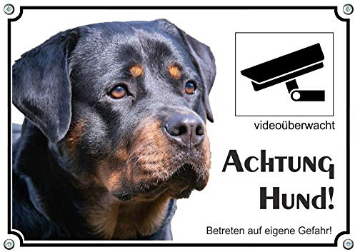 Petsigns Hundeschild - Rottweiler - Videoüberwacht - Wachhund - uv-beständiges Warnschild, DIN A4