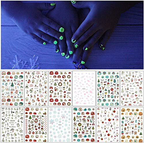 EBANKU 12 Blatt Nagelsticker Weihnachten Selbstklebend | Nagelaufkleber Leuchtend Weihnachten Schneeflocken Nail Art Stickers für Damen Mädchen Nail Art DIY Dekoration
