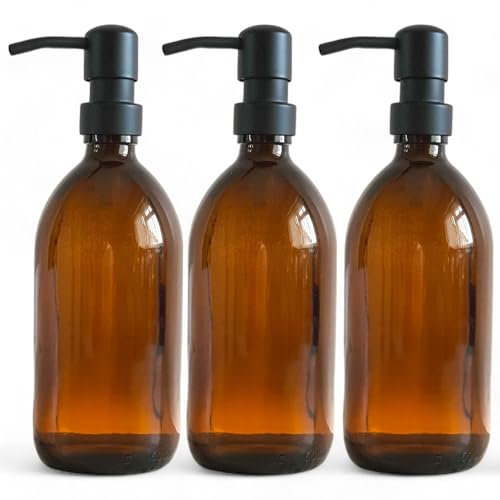 Avalon Amber Glass Soap Dispenser Bottles with Matt Black Metal Pumps (BPA-Free) Lotion Pump/Soap Dispensers – Reusable Refillable Eco friendly, Sustainable Living/Gift - Pack of 3 (500ml)