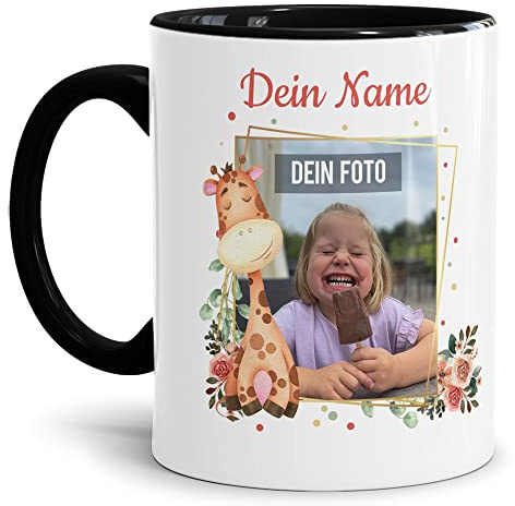 Kinder-Tasse mit Tiermotiv Giraffe - mit Foto & Name selbst gestalten - Für Mädchen & Jungen - Keramik Innen & Henkel Schwarz, 300 ml I Personalisiertes Geschenk für Kinder