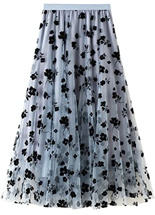 SotRong Tüllrock Blau Damen Midi Überlagerter Mehrlagiger Elastischer Hoch Taillierter A Linien Tutu Rock Mesh-Chiffon-Faltenrock mit Blumendekoration