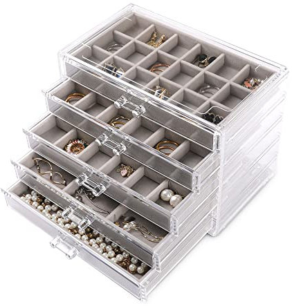 Frebeauty Organizzatore di gioielli in acrilico, scatola organizer per orecchini con 5 cassetti Portagioie trasparente con vassoi in velluto per donna, borchie e bracciali (grigio)