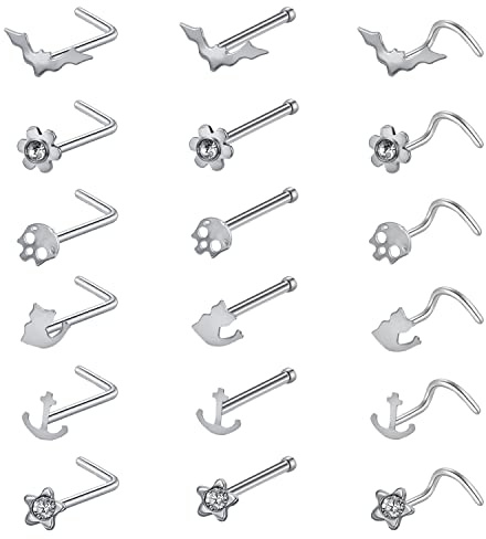 ZS 20 g Korkenzieher-Nasenringe, Chirurgenstahl, L-förmige Nasenstecker, Fledermaus-Schädel, Nasenknochen, Nasenpiercing, Schmuck für Frauen, Edelstahl