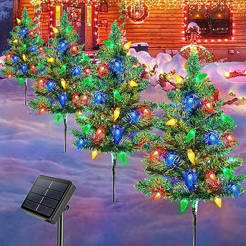 Homeleo 4 Set Solar Christmas Tree, 80pcs Multicolour LED Christmas Lights for Outdoor Christmas Decorations, Solar Powered Prelit Small Xmas Trees for Outside Holiday Porch Pathway Garden Yard Decor