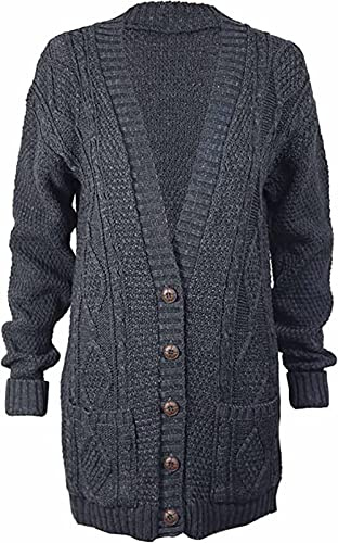 Purple Hanger Women’s New Long Sleeves Ladies Chunky Aran Cable Knit Button Grandad Cardigan Sweater Plus Size 8-26 (24-26, Dark Grey)