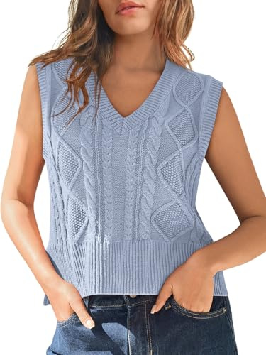 Tongmingyun Gilet da donna senza maniche con scollo a V, maglione in maglia basic, pullover in tinta unita, top tank per business e tempo libero, gilet in maglia per donne, Blu, XL