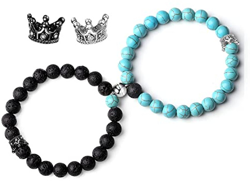 XIANNVXI 2Pcs Partnerarmbänder Pärchen Armband Paar Armbänder Partner Matching Bracelets Couple Naturstein Stretch Perlen Armband Valentinstag Geschenke（Lava Rock & Grün TüRkis）