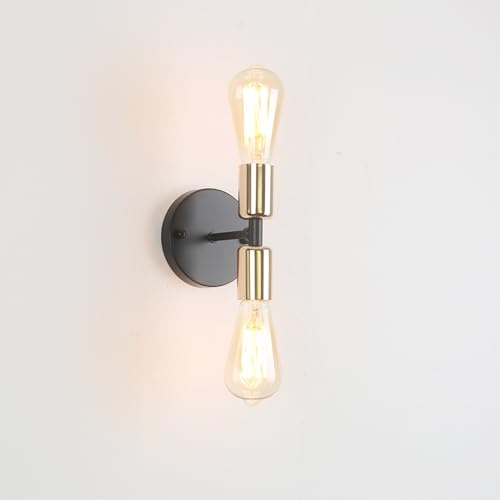 Chrasy Apliques de Pared Modernos de 2 Luces, Base de Lámpara de Pared Doble E27 Metal Interior Iluminación para Baño, Pasillo, Tocador, Cocina, Espejo Dormitorio (Dorado y Negro)