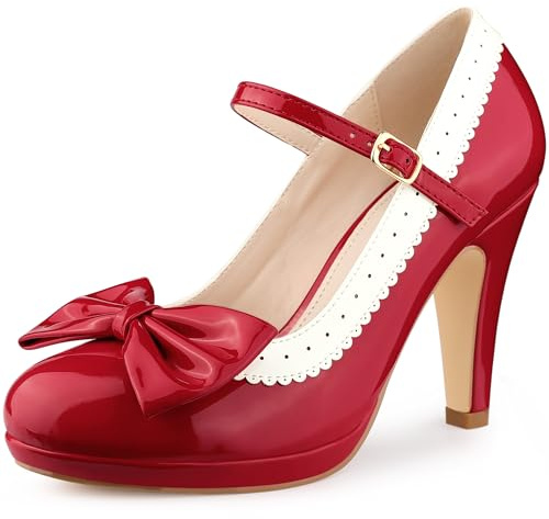 Perphy Bow Platform Stiletto Heel Red Mary Jane Heels Shoes for Women Retro 1950s Shoes 7 M US