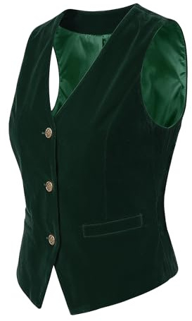 Allegra K Damenweste Samt Vintage Ärmellos Knopfleiste V-Ausschnitt Anzugweste, dunkelgrün, XL