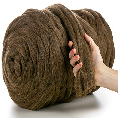 MeriWoolArt XXL Merino Wolle – 100% Schurwolle, Extra Dickes Filzgarn (4–5 cm) für Armstricken, Trocken- & Nassfilzen, Decken & Babydecken – Braun-Gelb 500g