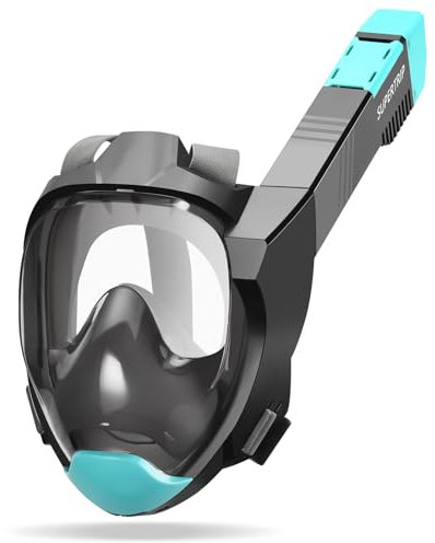 Supertrip Schnorchelmaske Erwachsene, Kurzstrecken Schnorchel Schnelle Einatmung von Sauerstoff Tauchermaske, CO2 sichere Sportkameras Kompatible Vollgesichtsmaske (Black-Lakeblue, L/XL)