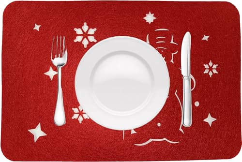 Centrino Sottobicchiere e Sottopiatto Natalizio, tovaglietta da colazione in Feltro Rosso con Intagli Decorativi (12 PEZZI 30X45 CM ASSORTITI)