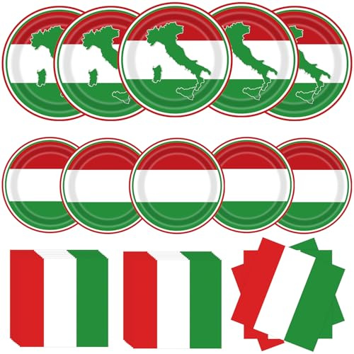 LLKJYXGS Decoraciones de fiesta italiana, 72 platos y servilletas de bandera italiana, suministros de fiesta, juego de vajilla de fiesta de bandera de Italia, color rojo, blanco y verde, decoraciones