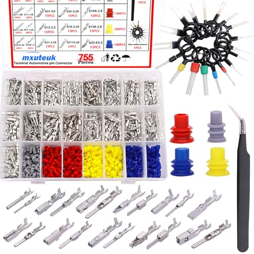 mxuteuk 755PCS Car Electrical Wire Terminal Pins Connector Kit 21Type 1/1.5/1.8/2.2/2.8/3.5mm Connector Pins Terminal Auto Electric Connector Non-Insulated Plug Removal Male Female Crimp Pins
