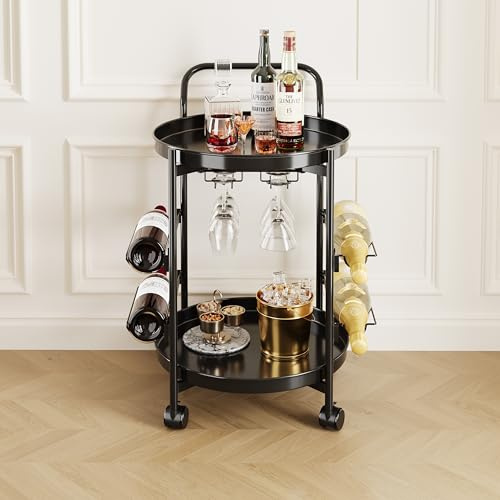 Luwesde Schwarzer Barwagen, 2 Etagen, Mini-Barwagen für Zuhause, schwarzer Wein, Kaffee, Getränke, Servierwagen, 6 Glashalter, 4 Flaschenaufbewahrung mit feststellbaren Rädern, rollender Likör-Bar für