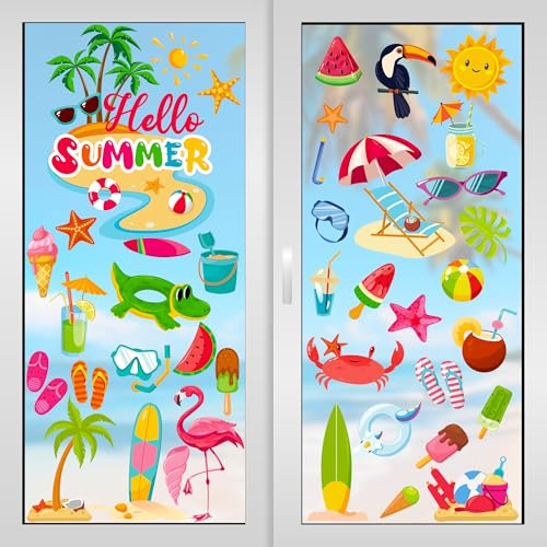 Traplace 9 Sheets Summer Window Clings, Double Sided Summer Window Clings for Glass Windows, Hello Beach Decals, Sun Watermelon Pattern Stickers for Home Office Accessories Decorations