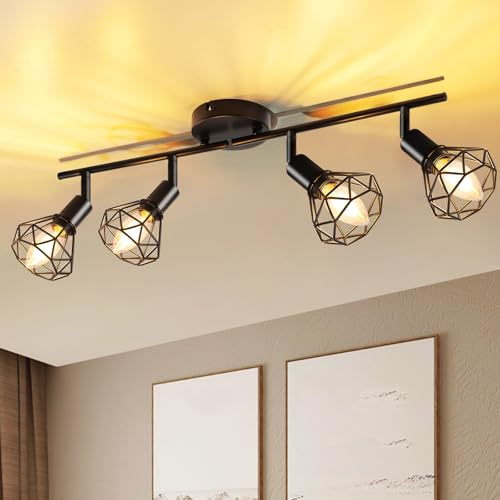 GeyouLux Deckenstrahler 4 Flammig Deckenlampe LED Deckenleuchte Schwenkbar 350° Deckenspots Schwarz E14 Küchenlampe Retro Lampe für Küche Wohnzimmer Flur Schlafzimmer Ohne Leuchtmittel