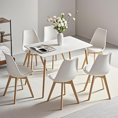 TTATC Esstisch mit 6 Stühlen Set, Rechteckiger Moderner Esstisch, 6 Esszimmerstühle mit Beinen aus Buchenholz, für Küche, Wohnzimmer, Esszimmer (Weiß)
