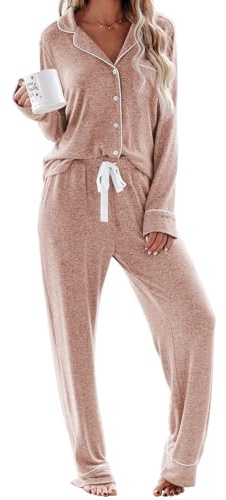 Aamikast Schlafanzug Damen Lang Pyjama Sets mit Knopfleiste Zweiteiliger Nachtwäsche Hausanzug