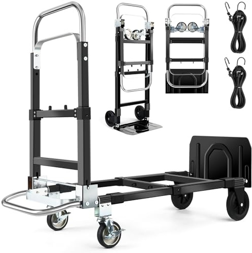 3 in 1 Convertible Hand Truck Dolly with Brakes,Heavy Duty Folding Hand Truck with 600LB Capacity,Portable Dolly Cart with Rubber Wheels and Telescoping Handles for Moving(Black)