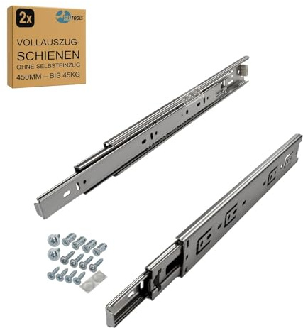 SOTOOLS 1 Paar Führungsschienen – Tragkraft 45 kg – Möbelauszüge Schubladenschiene 450 mm silber Heavy Duty – kugelgelagert – verzinkt – Vollauszug – Möbelbau, Werkstatt, Küche