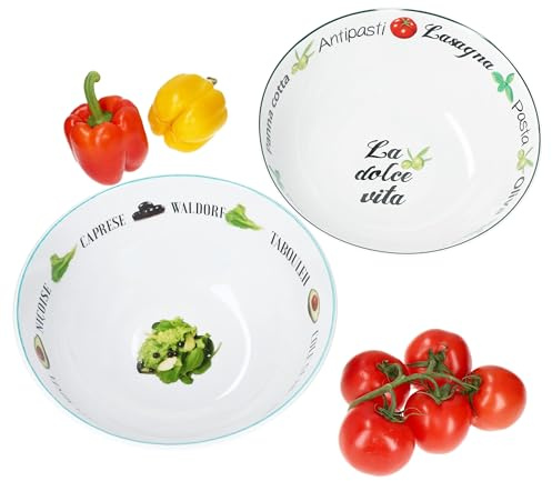 MamboCat 2er Set Salat- & Pastaschale I Ø 26,5cm, 2,5L & Ø 29,5cm, 3L I große Porzellan-Schalen mit verschieden Motiven & Schriftzügen I Servierschüssel & Beilagenschale für Pasta, Salat, Obst