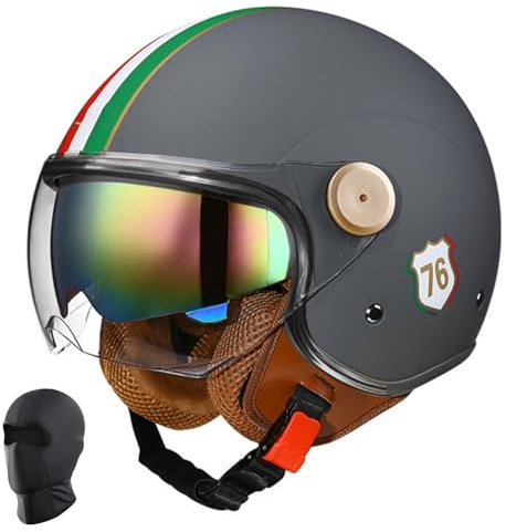 Casco de Motocicleta para Adultos con Visera, Casco Abierto con certificación ECE, Cumple con los requisitos de Seguridad Vial, Casco Estilo Jet Retro para recorridos en Scooter Cruiser F,XL61-62CM
